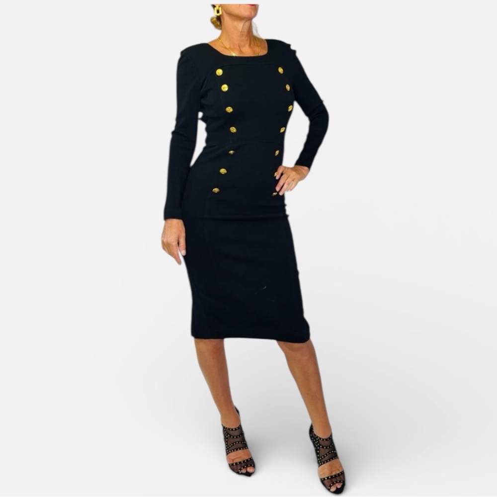 Petite black bodycon‎ gold button dress by Adrienne Vittadini 2